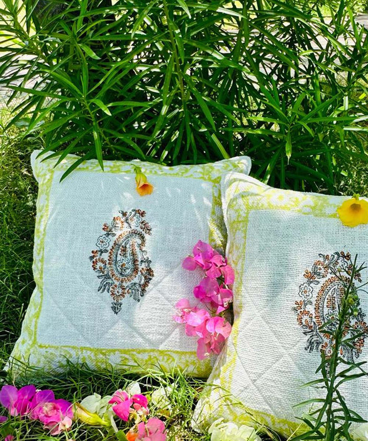 Yellow white block printed quilted foam cotton cushion cover