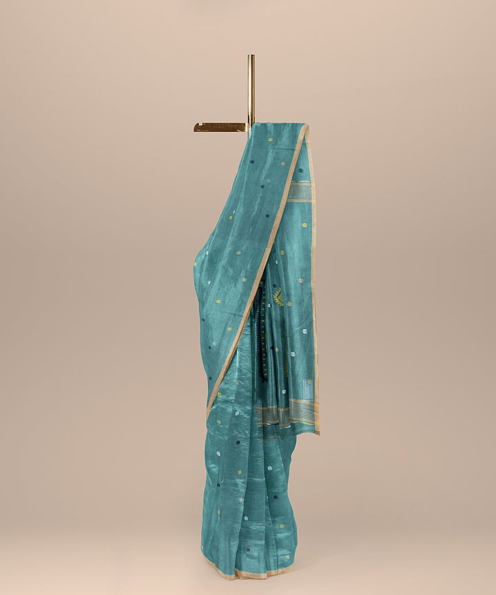 Cyan blue handloom cotton bengal saree