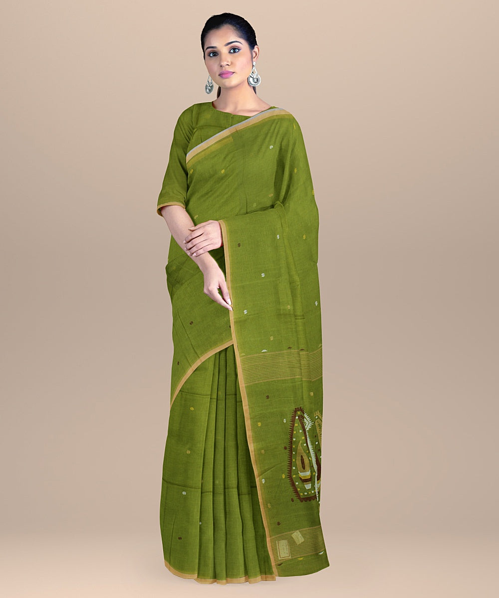 Olive green cotton handloom bengal saree