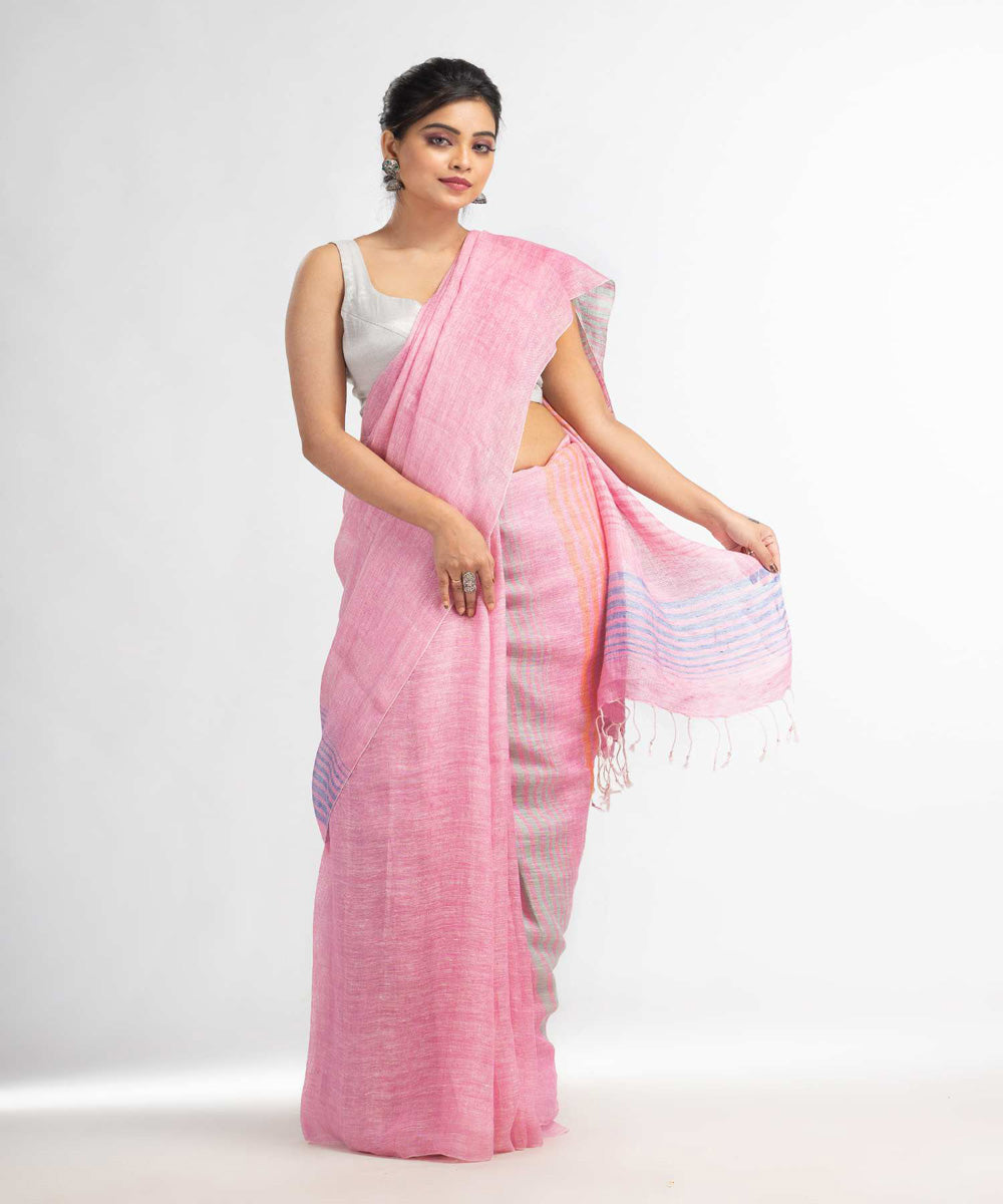 Pink handwoven bengal linen saree