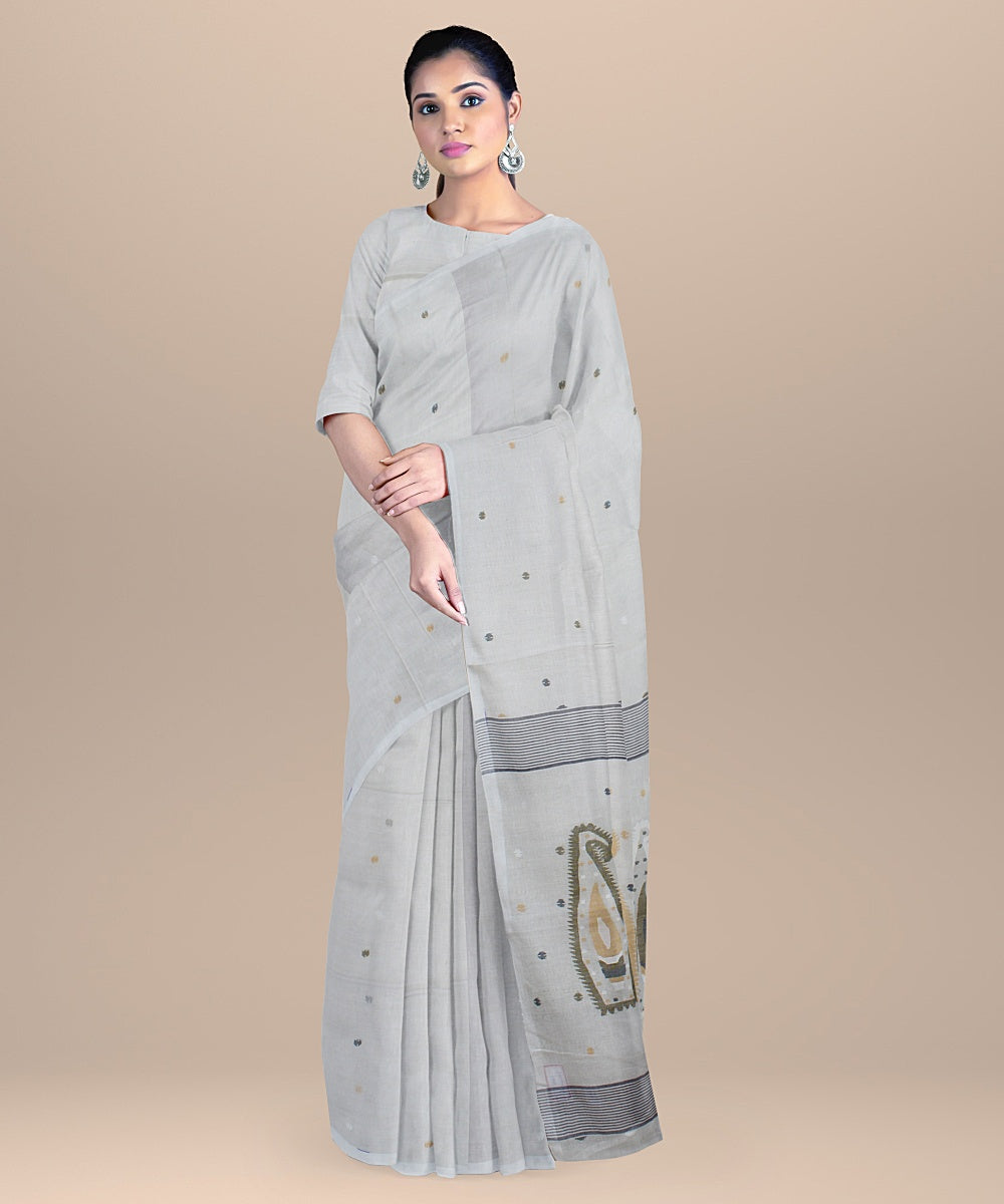 Offwhite black handloom cotton bengal saree