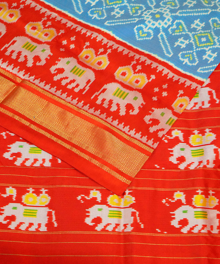 Sky blue red handwoven pochampally ikat silk saree