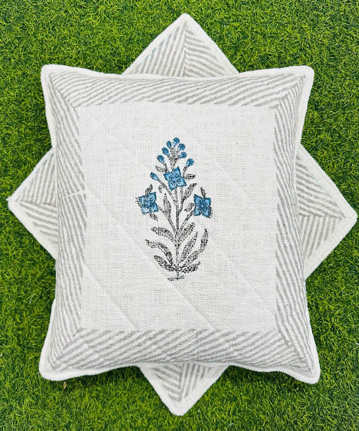 Grey white block printed quilted foam cotton cushion cover