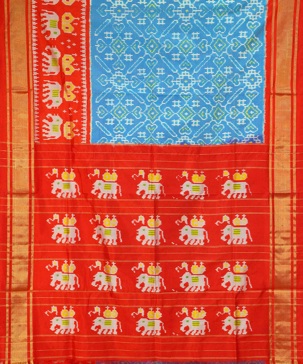 Sky blue red handwoven pochampally ikat silk saree
