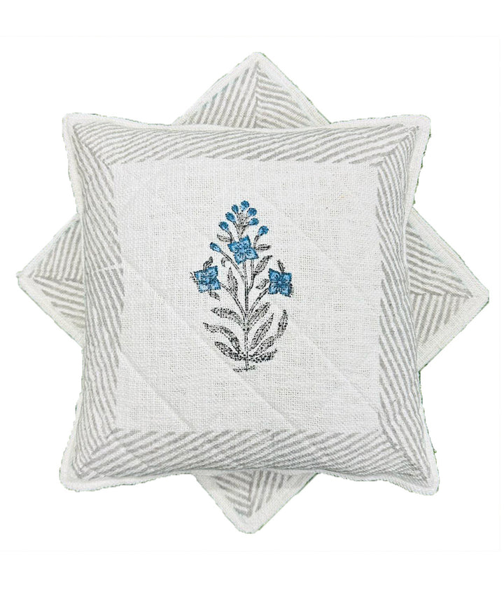Grey white block printed quilted foam cotton cushion cover