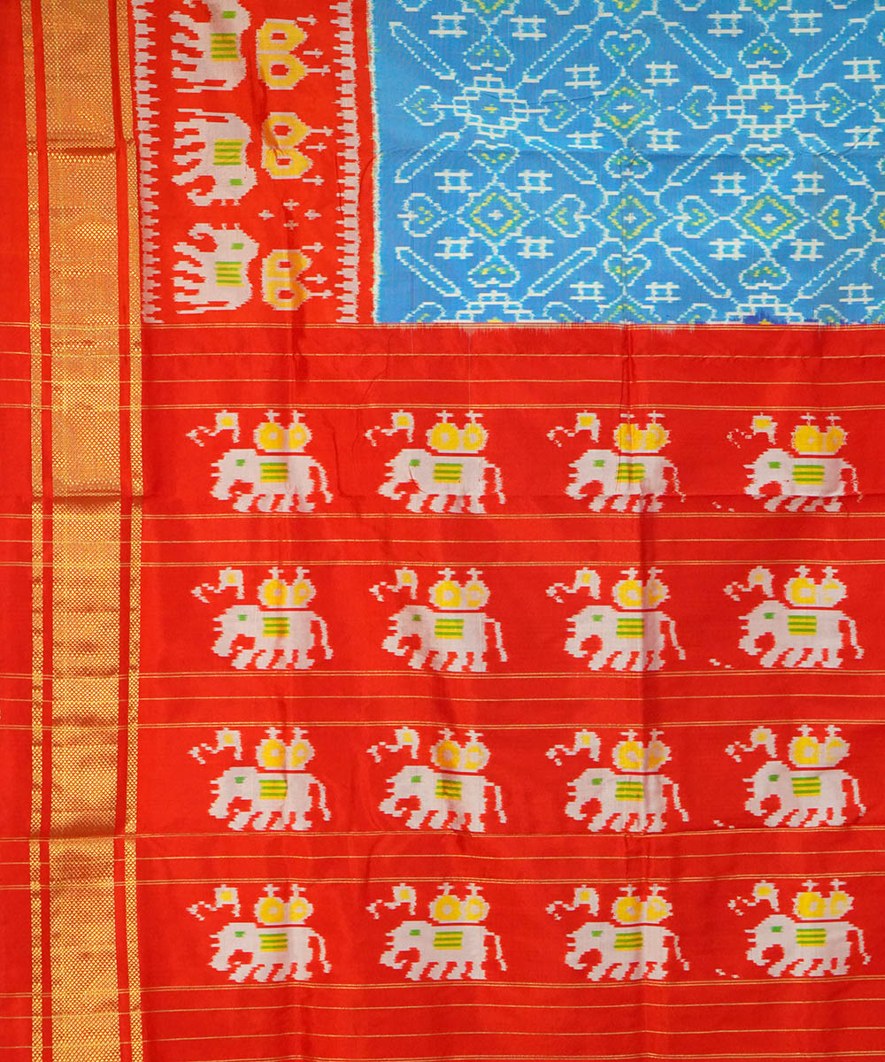 Sky blue red handwoven pochampally ikat silk saree