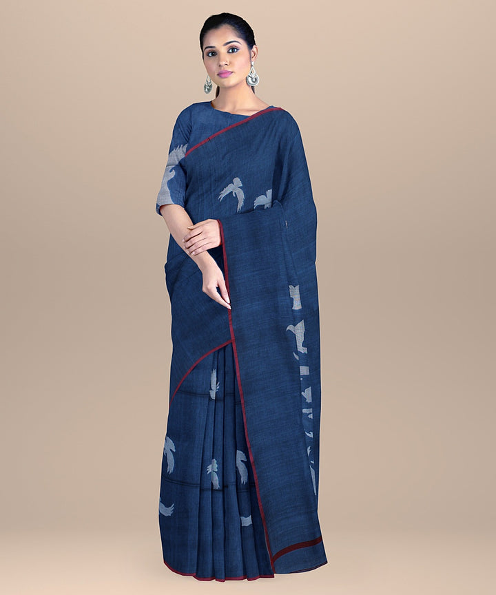 Royal blue red handloom cotton bengal saree