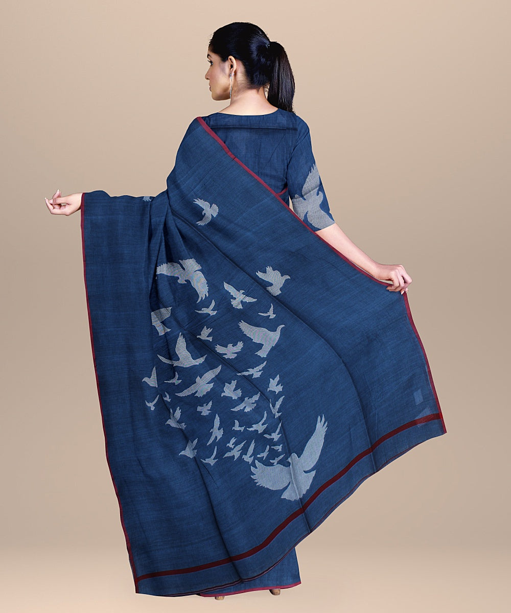 Royal blue red handloom cotton bengal saree