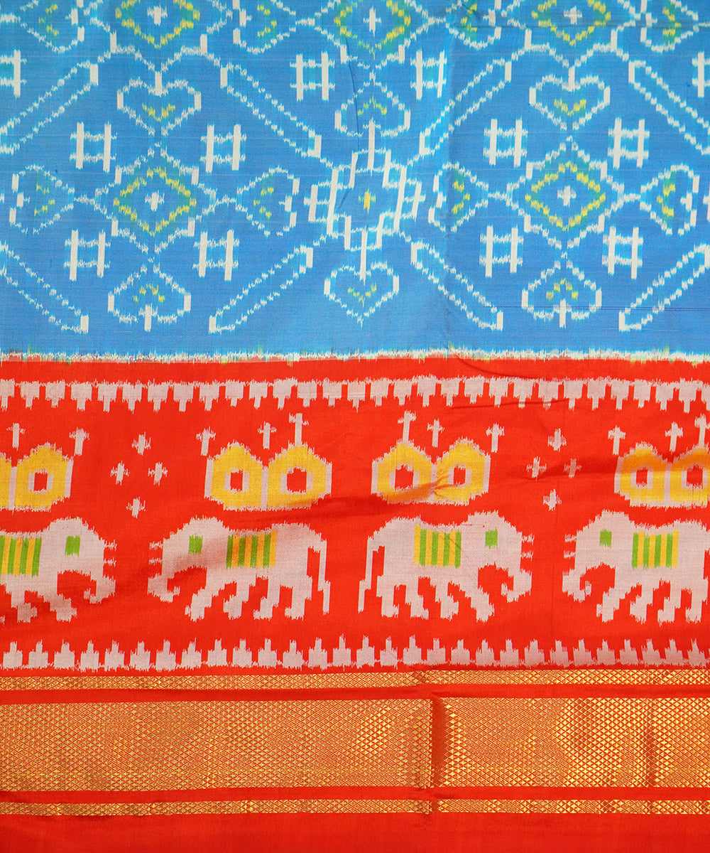 Sky blue red handwoven pochampally ikat silk saree