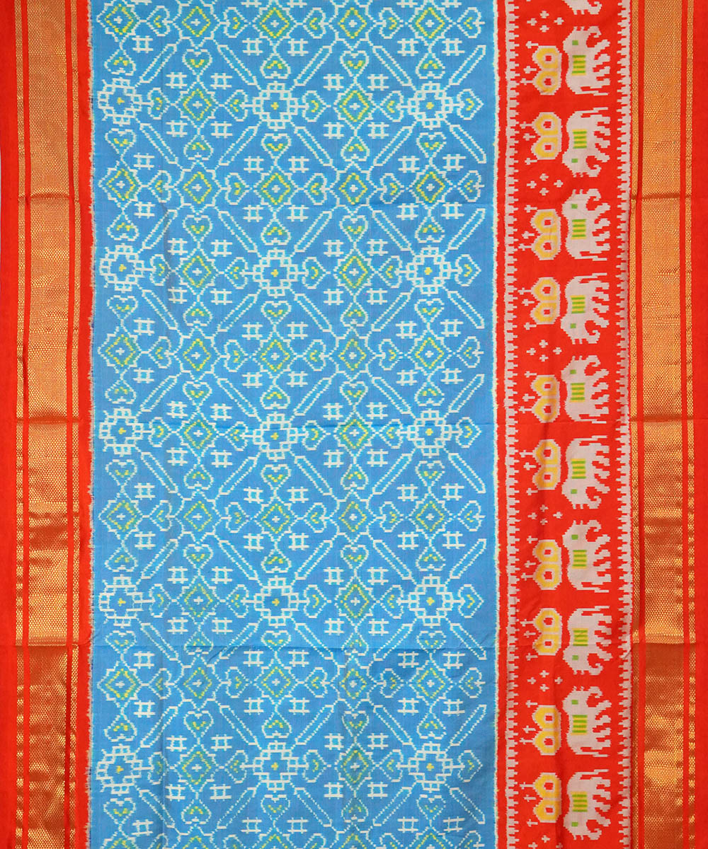 Sky blue red handwoven pochampally ikat silk saree