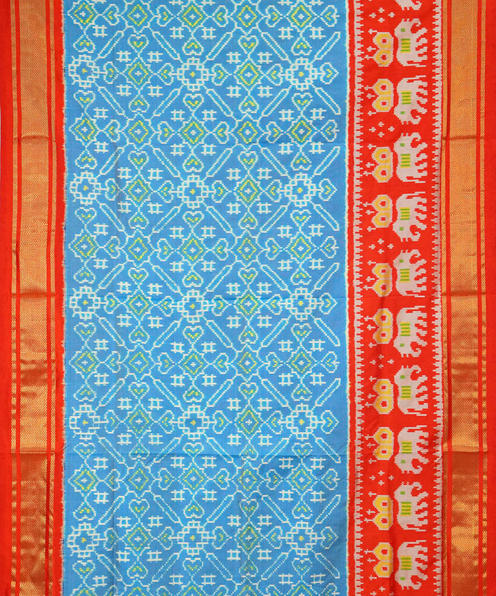 Sky blue red handwoven pochampally ikat silk saree