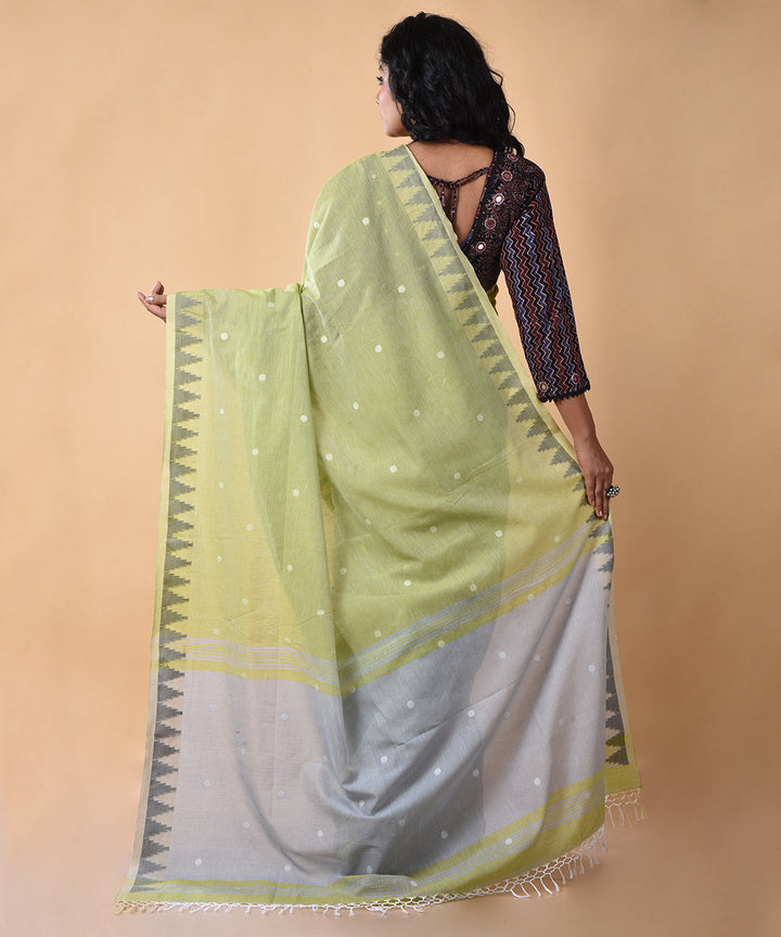 Sea green white cotton handwoven jamdani saree