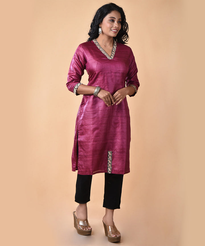 Maroon handwoven tussar silk kurti with aari work border