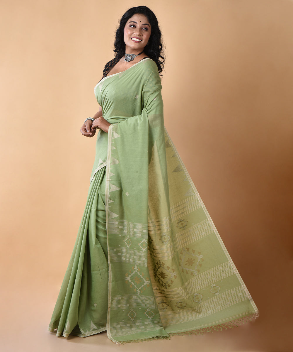 Olive green cotton handwoven jamdani saree