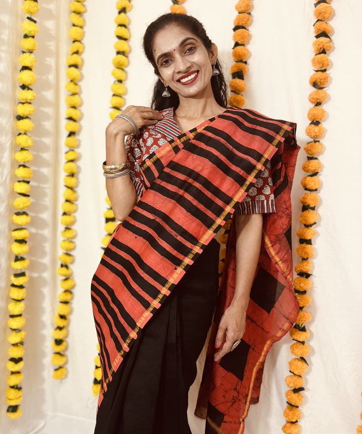 Black red hand block bagru print chanderi sico saree