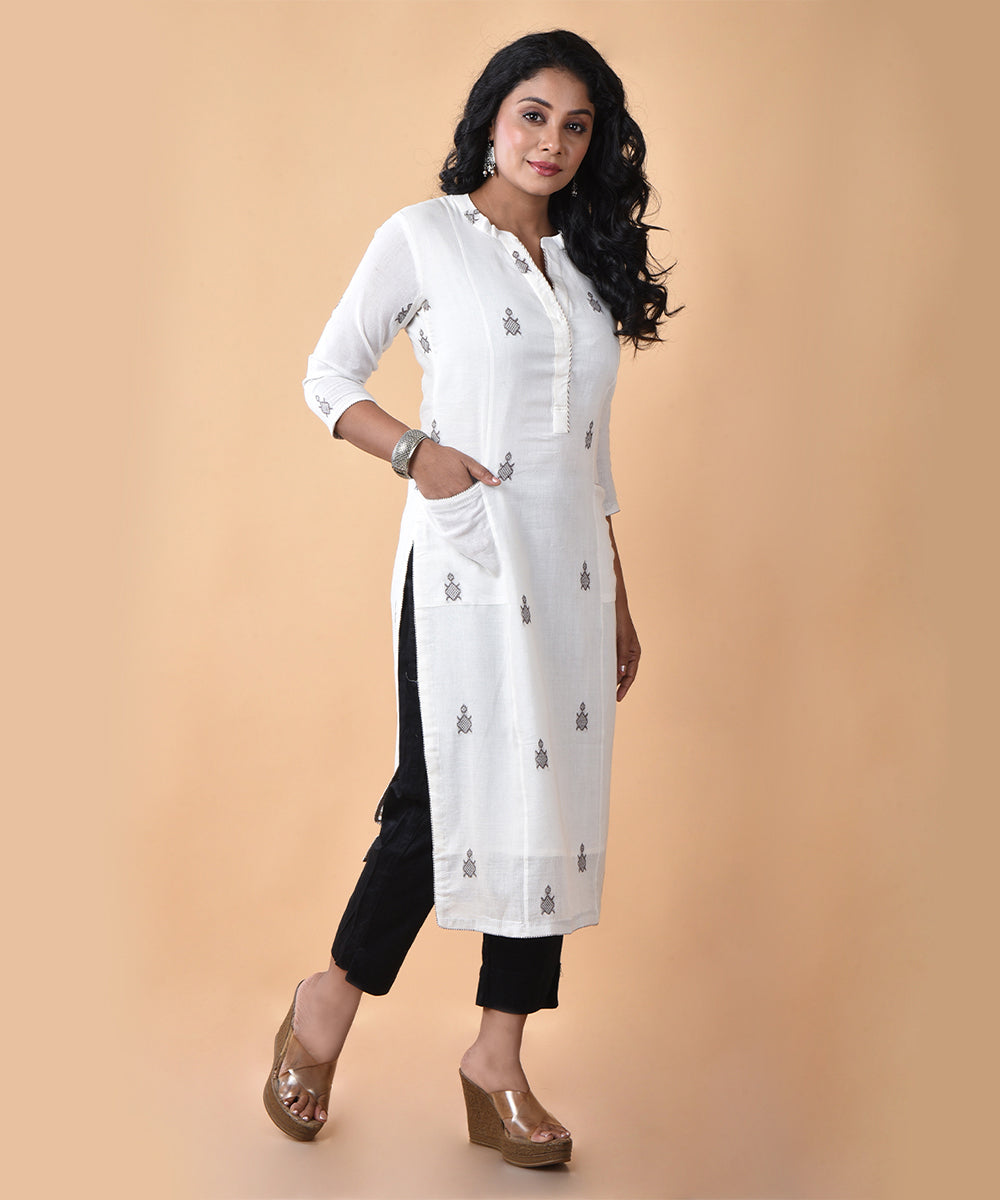 White handwoven cotton jamdani straight kurti