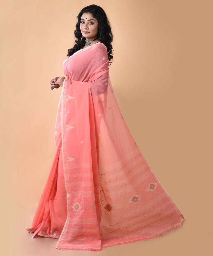 Peach white cotton handwoven jamdani saree