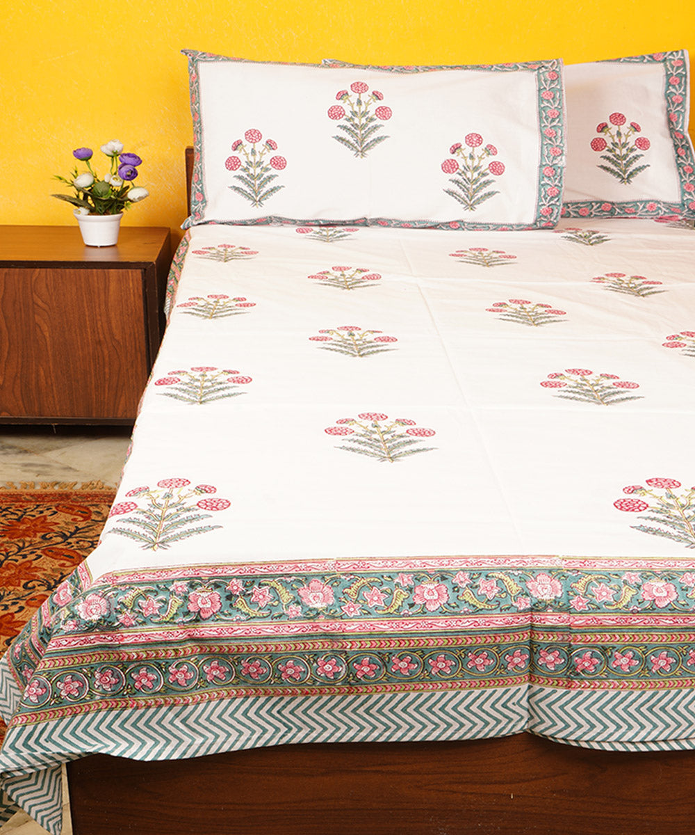 White green floral hand block printed cotton double bedsheet