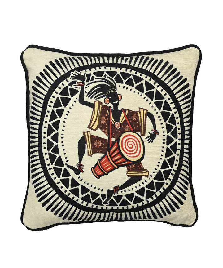 Cream black hand printed art silk cushion cover