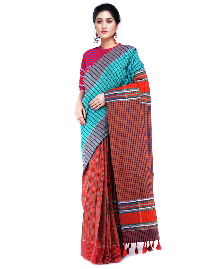 Brown sky green cotton handloom gamcha saree