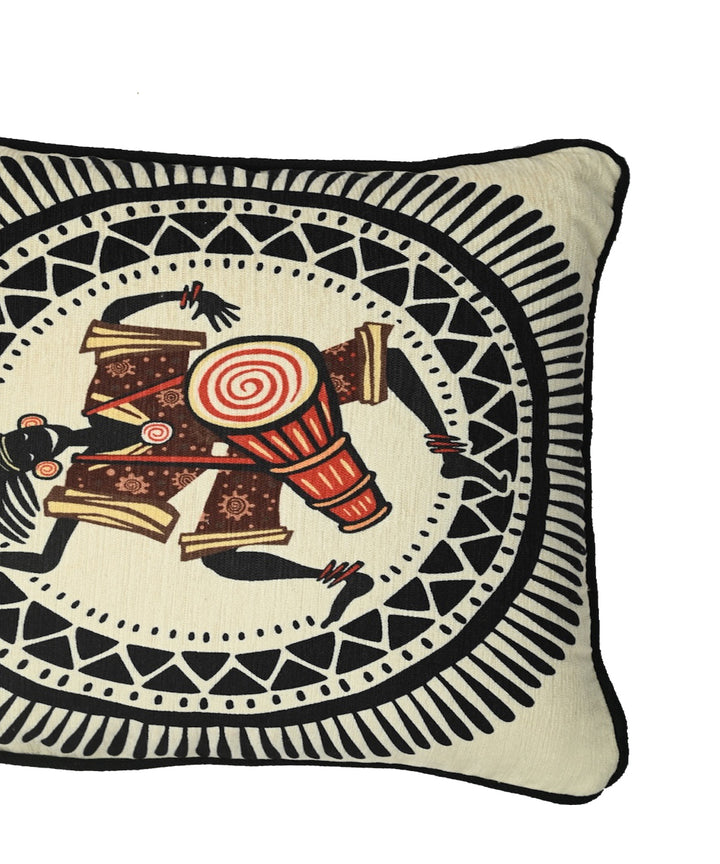 Cream black hand printed art silk cushion cover