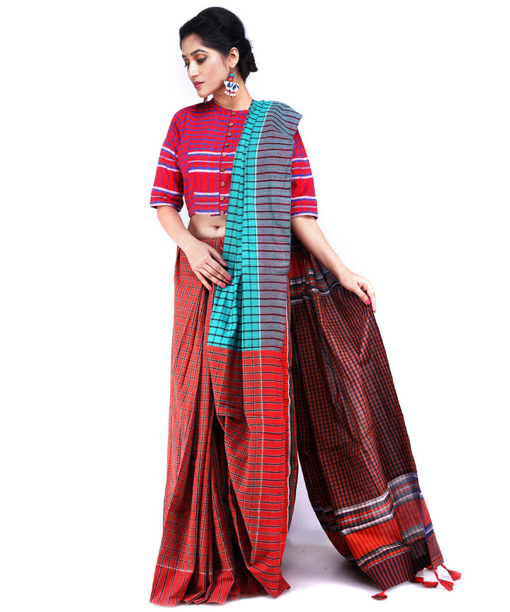 Brown sky green cotton handloom gamcha saree