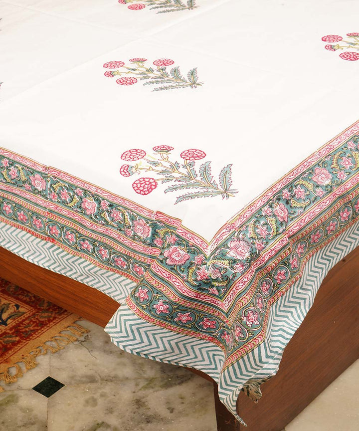 White green floral hand block printed cotton double bedsheet