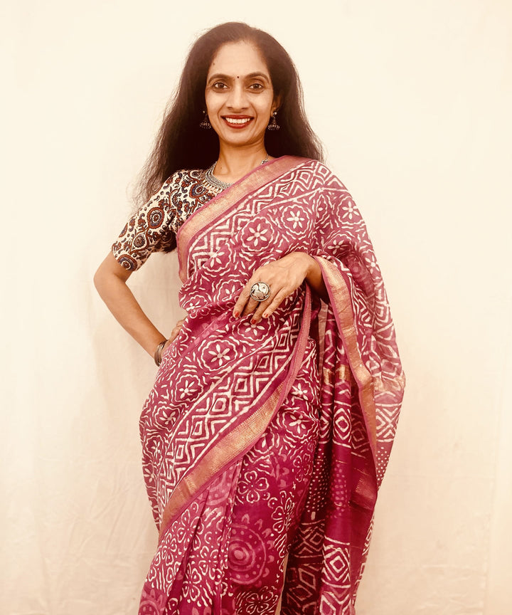 Onion pink hand block bagru printed maheswari sico saree