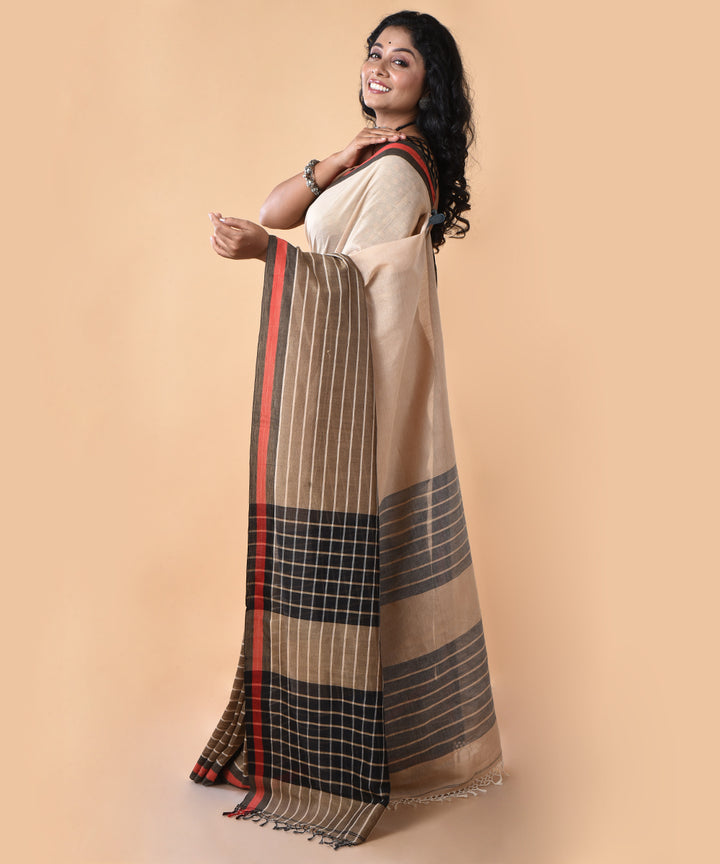 Brown striped cotton handwoven jamdani saree