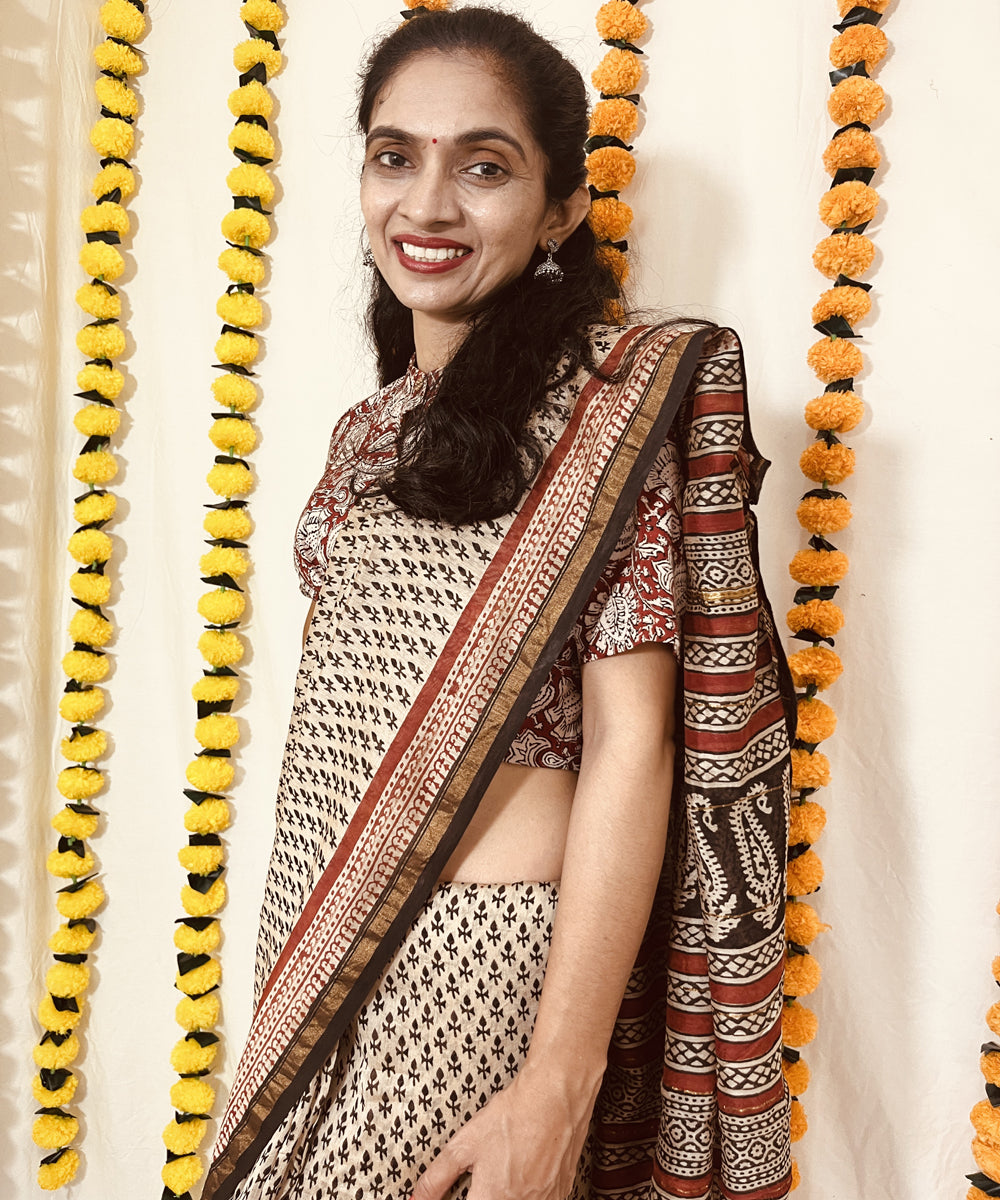 Beige black hand block bagru print chanderi sico saree