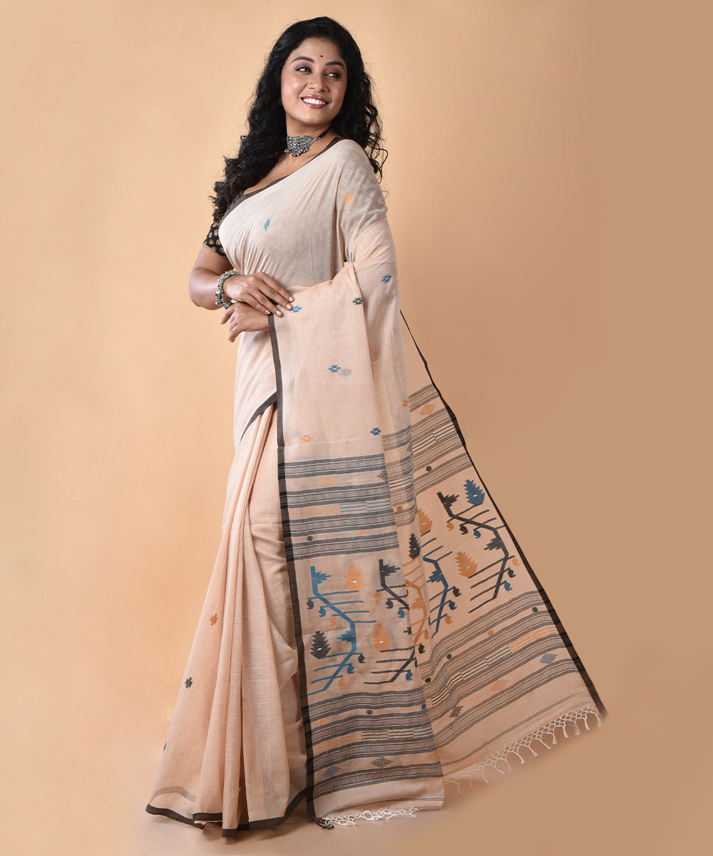 Light brown cotton handwoven jamdani saree