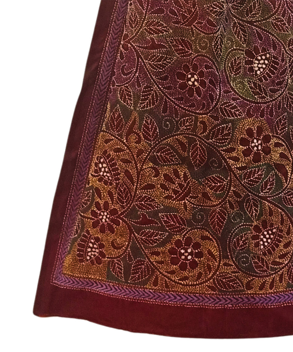 Maroon handwoven silk multicolor thread kantha stitch stole