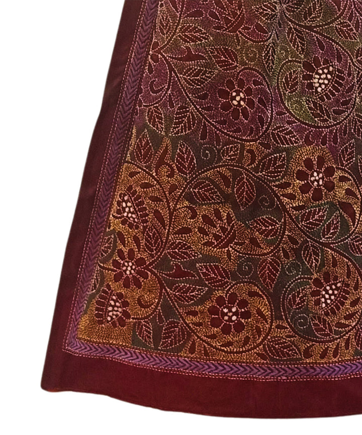 Maroon handwoven silk multicolor thread kantha stitch stole