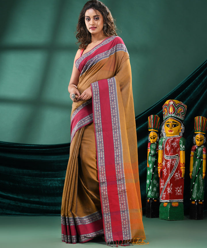 Mustard red handloom bengal cotton saree