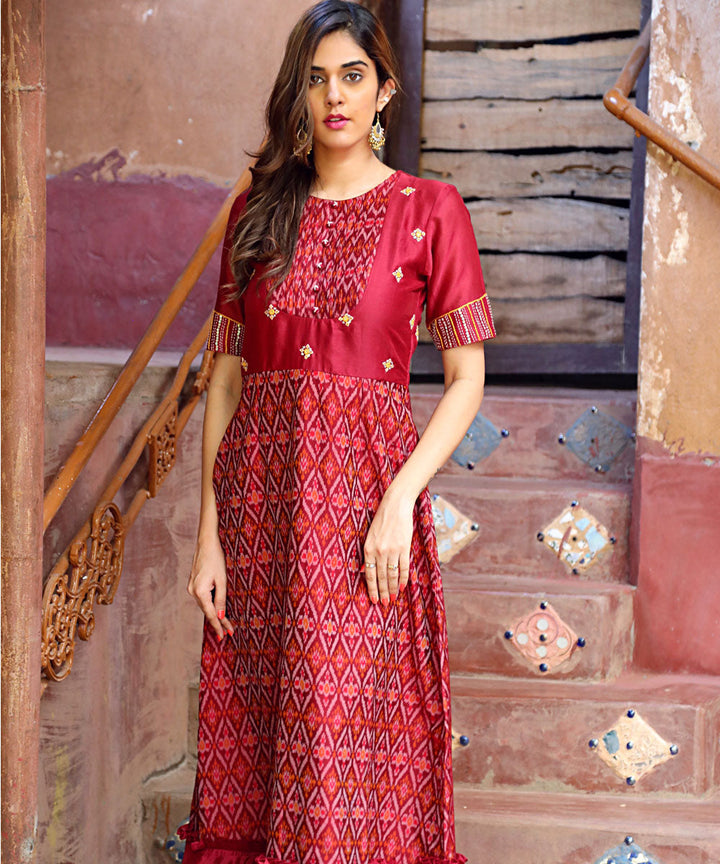 Maroon chanderi and sico handwoven ikat hand embroidery gown