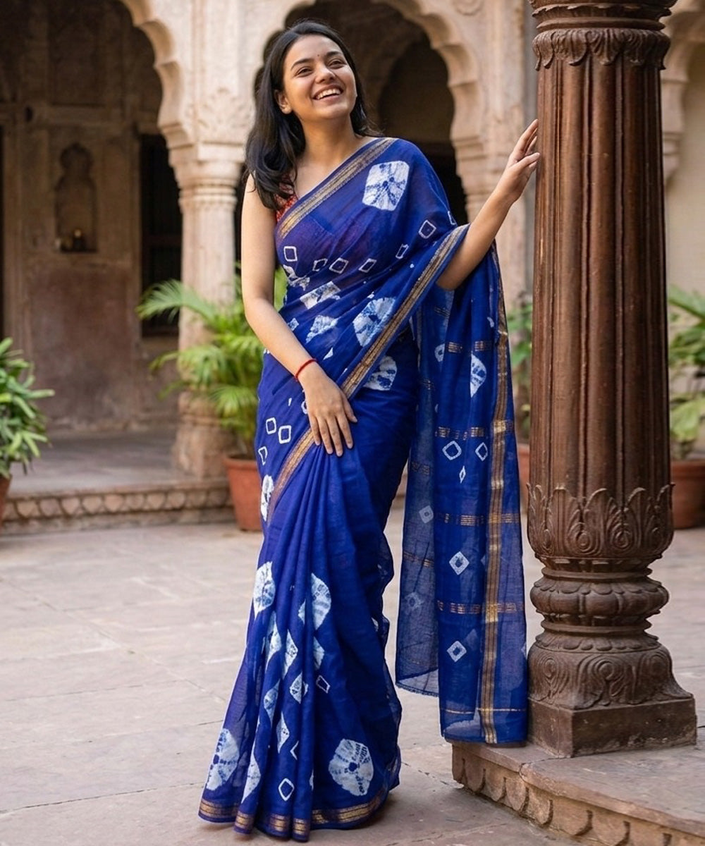 Navy blue white bandhej maheswari cotton silk saree
