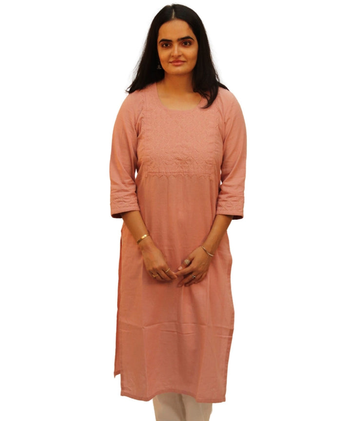 Pink Applique Hand Embroidered Cotton Kurti