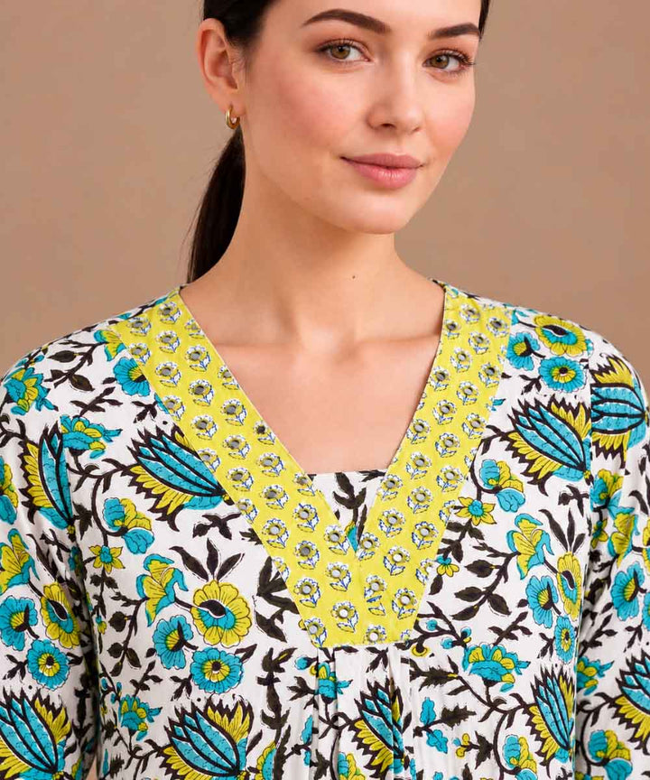 Green yellow hand block printed A line cotton Kurta set