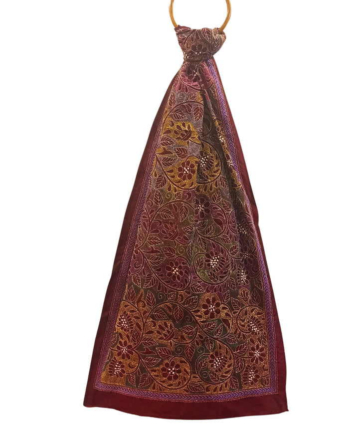 Maroon handwoven silk multicolor thread kantha stitch stole