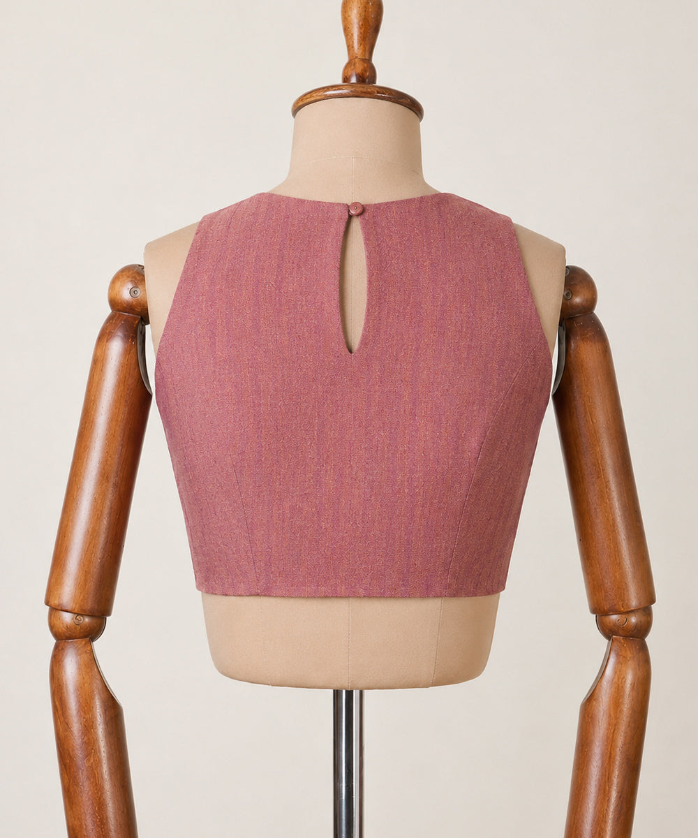 Red white boat neck sleeveless zip side opening cotton blouse