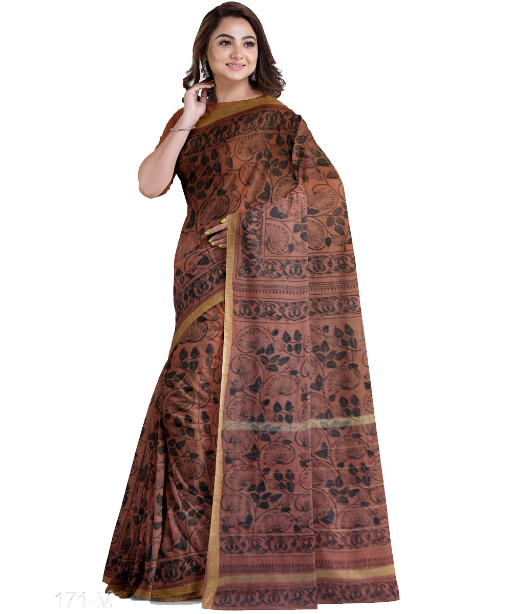 Brown black cotton silk hand printed maheshwari saree