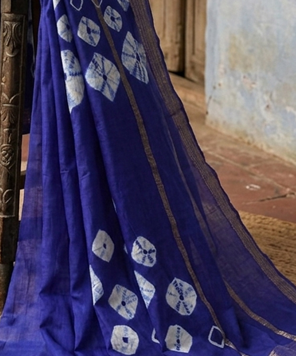 Navy blue white bandhej maheswari cotton silk saree