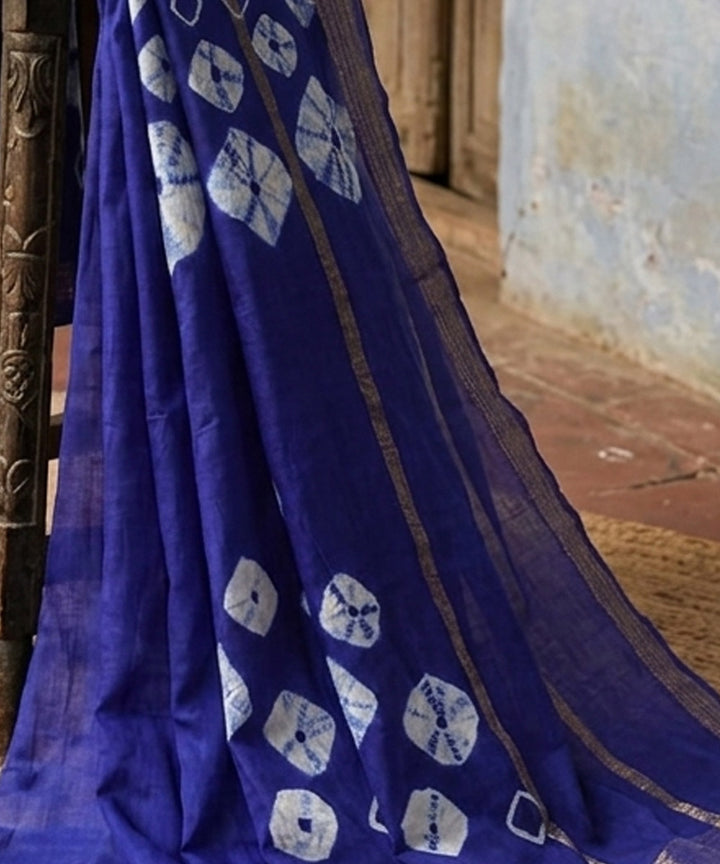 Navy blue white bandhej maheswari cotton silk saree