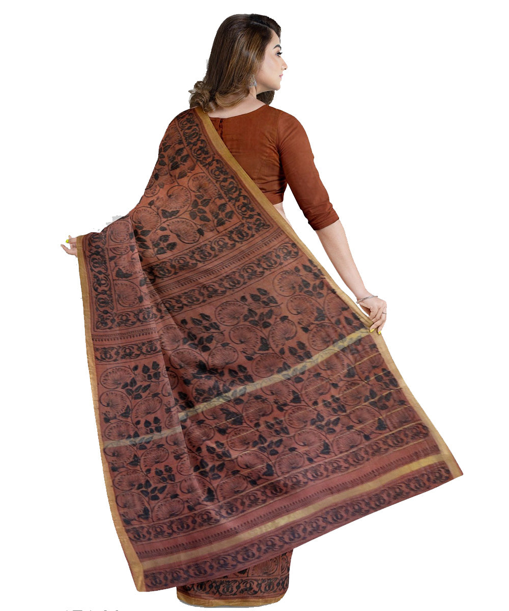 Brown black cotton silk hand printed maheshwari saree
