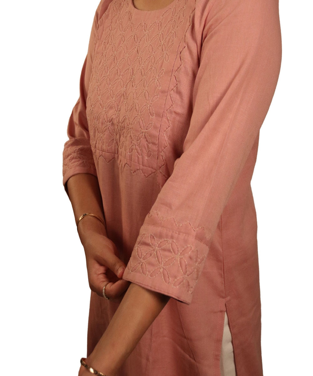 Pink Applique Hand Embroidered Cotton Kurti