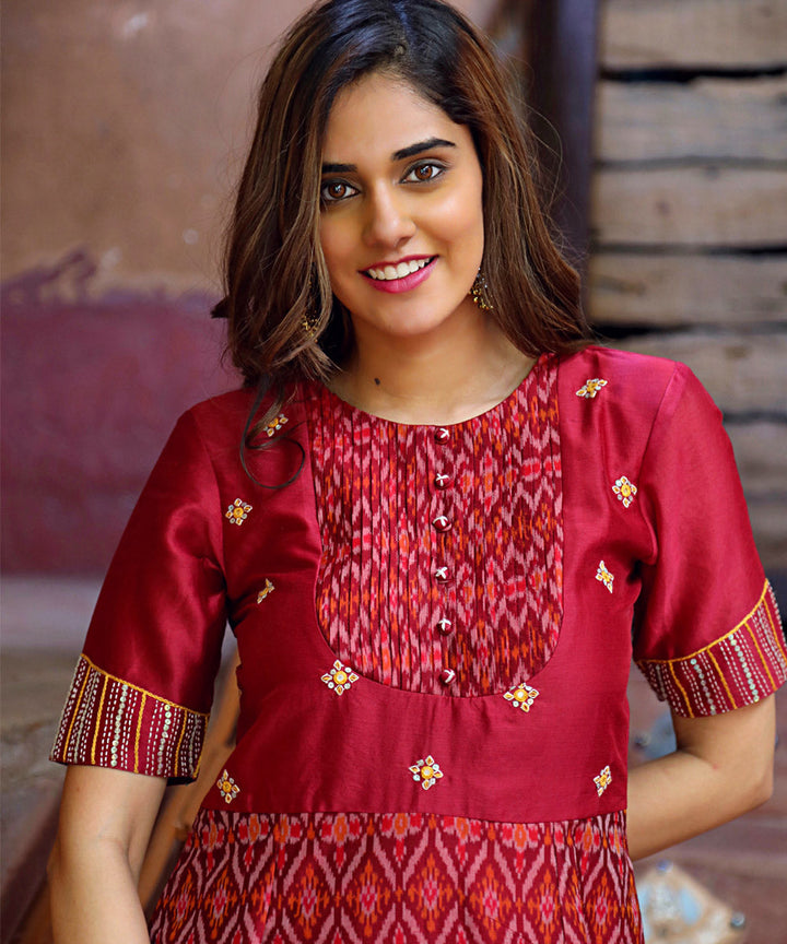 Maroon chanderi and sico handwoven ikat hand embroidery gown