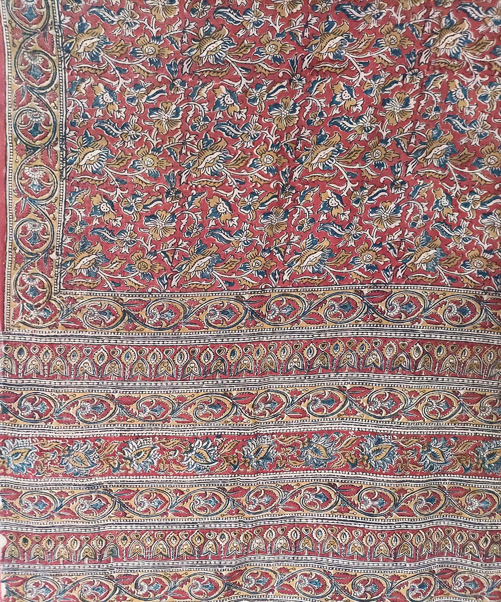 Offwhite red kalamkari cotton hand printed saree