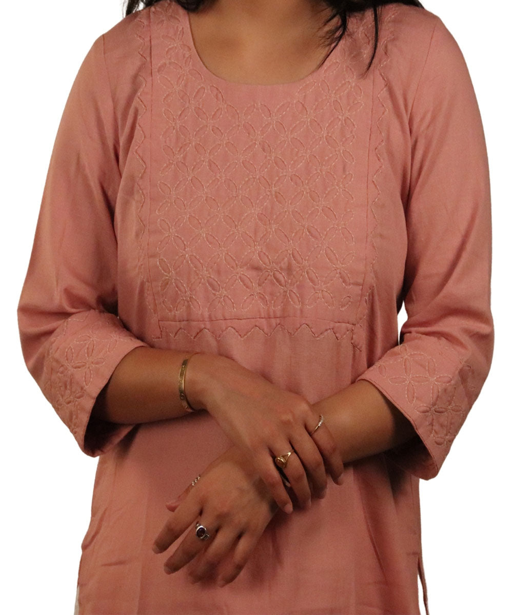 Pink Applique Hand Embroidered Cotton Kurti