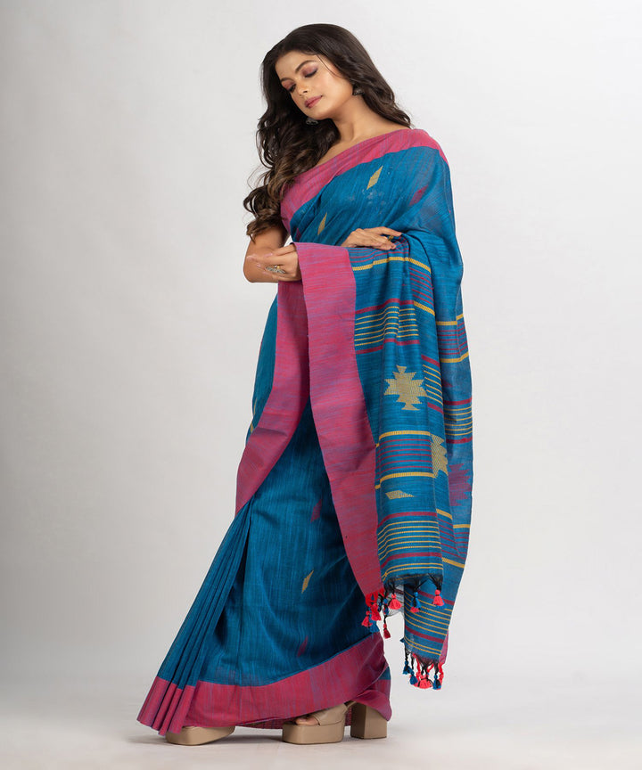 Sky blue pink handwoven cotton bengal saree