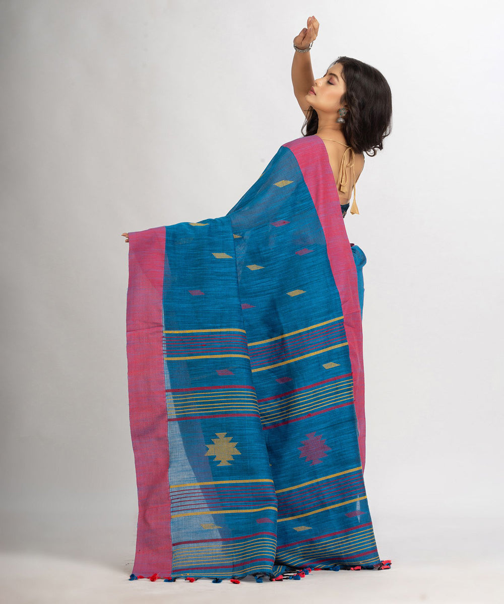 Sky blue pink handwoven cotton bengal saree